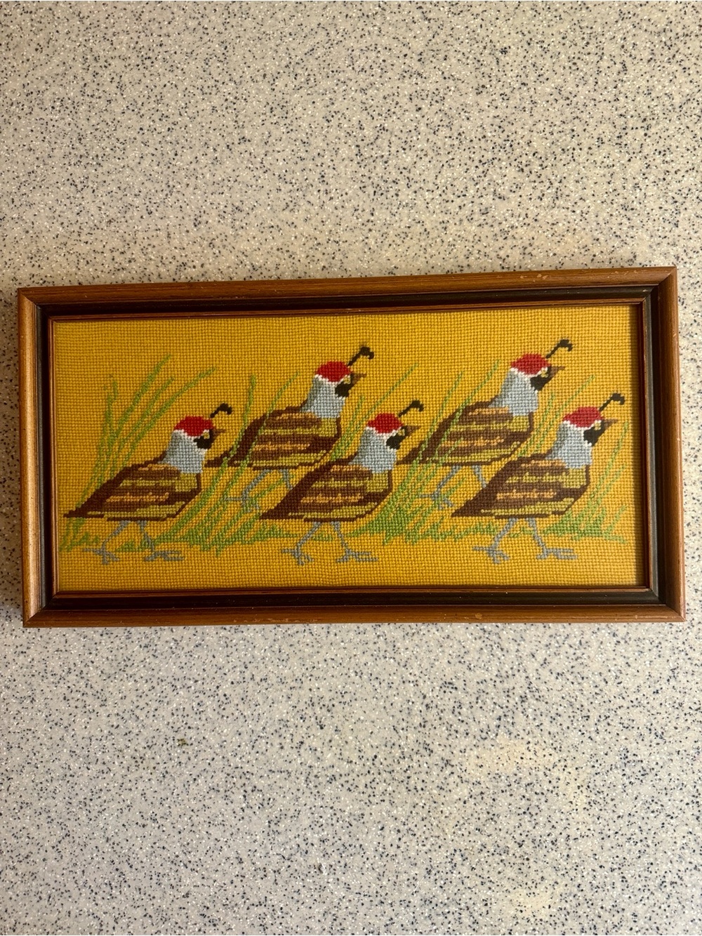 Vintage 1971  Framed Cross-Stitch Quail Panel in Mustard Yellow